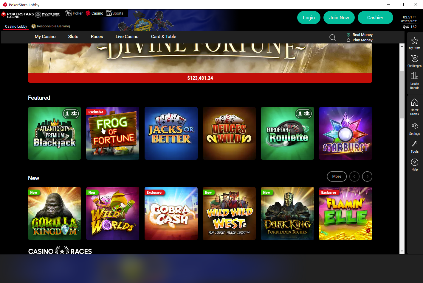 The casino button at the top takes you to PokerStars Casino where a full selection of slots are on offer